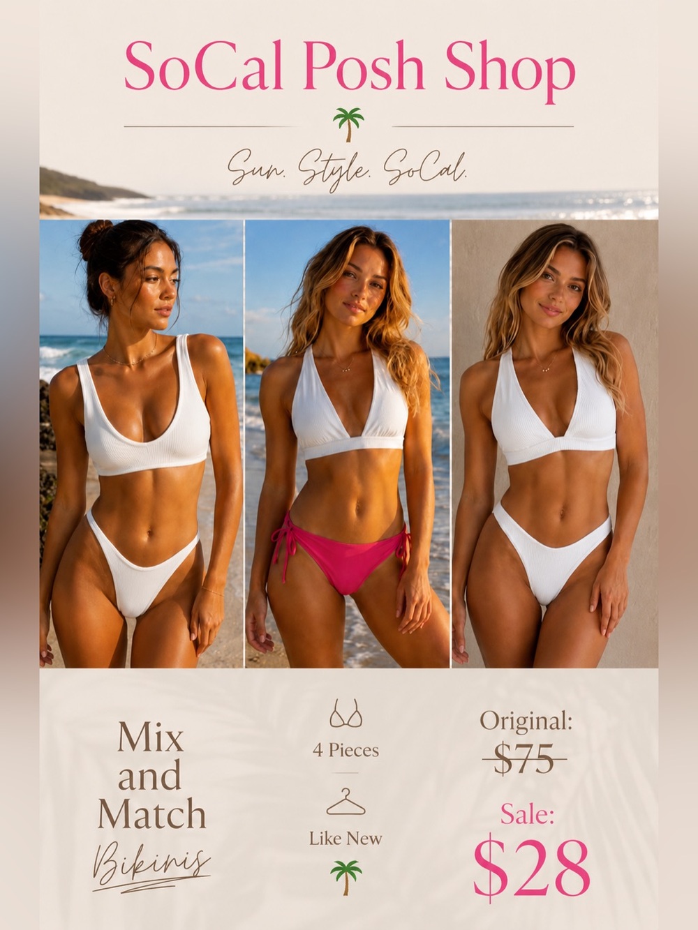 Bikini Tops Bottoms Mix & Match 2 white tops, 1 White Bottom, 1 Pink Bottom L XL